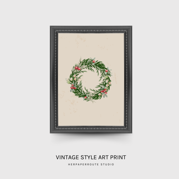 Vintage Christmas Wreath Wall Art Print