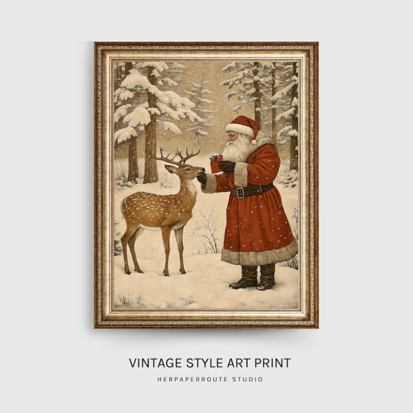 Santa Petting Deer Vintage Christmas Art Print