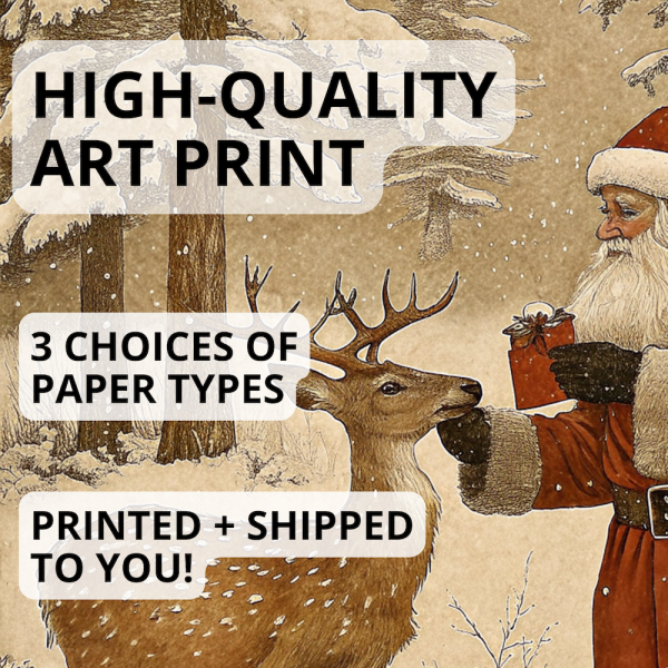 Santa Petting Deer Vintage Christmas Art Print - Image 2