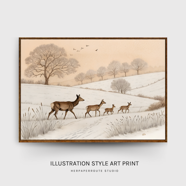 Vintage Christmas Deer Family Art Print